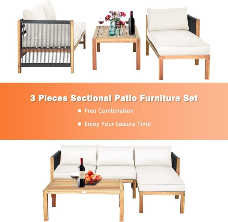 Tangkula L Shape Outdoor Furniture Set, 3 Piece Acacia Wood Patio Conversation Set, with 2 loveseats and Coffee Table, Garden Backyard Poolside Patio Seating Set (White) - Imagen 8