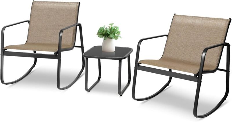 3 Piece Patio Rocking Chairs Set, Outdoor Conversation Set Modern Bistro Set Textilene Balcony Chair Sets with Coffee Table for Yard and Bistro (Brown)