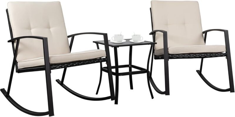 Shintenchi 3 Pieces Rocking Bistro Set Wicker Patio Outdoor Furniture, 2 Rattan Porch Chairs Conversation Sets with Glass Coffee Table (Beige)