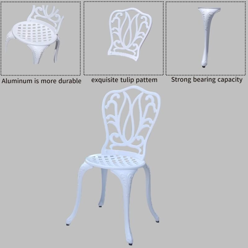 KAI LI Patio Bistro Sets 3 Piece cast Aluminum Patio Furniture Outdoor Garden Metal Rust Proof Tables and Chairs White bisrto Set (Big Tulip-White) - Imagen 3