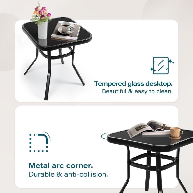 SUNCROWN Outdoor 3-Piece Rocking Chairs Patio Bistro Set Black Steel Furniture with Thickened Cushion and Glass-Top Coffee Table, Grey - Imagen 8
