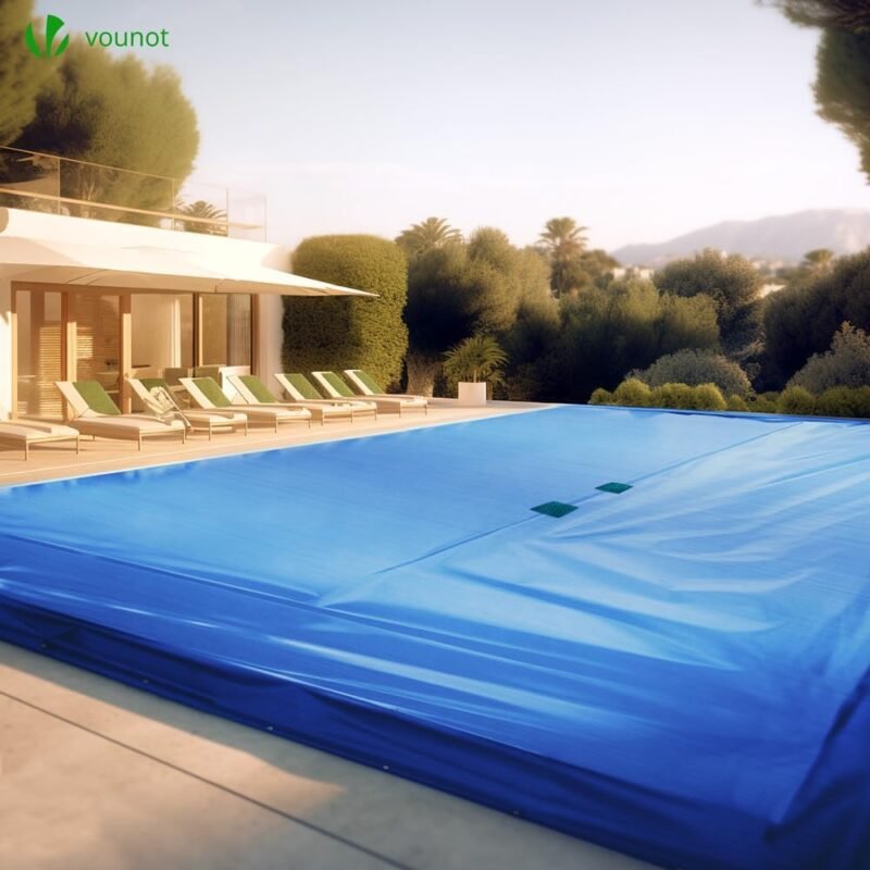 VOUNOT Lona para Piscina Rectangular 14 x 8 m, Cubierta Protectora PE de 160 g/m² con Red Central de Drenaje, Funda de Piscinas Anti-UV con Ojales Cada 100 cm, Azul-Gris - Imagen 2