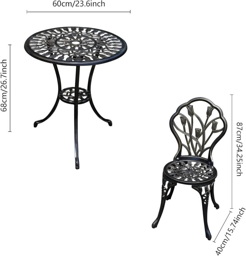 JARDIN DE CENTENNIAL Patio Bistro Set.Rust-Resistant Cast Aluminum Bistro Table Set with Umbrella Hole for Backyard (Tulip Copper) - Imagen 6