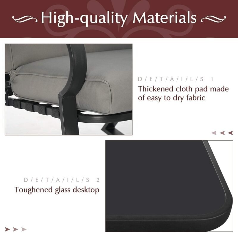 Betterland Outdoor 3-Piece Rocking Chairs Patio Bistro Sets, Glass-Top Coffee Table & Black Metal ​Patio Furniture with Thickened Cushions (Grey) - Imagen 3