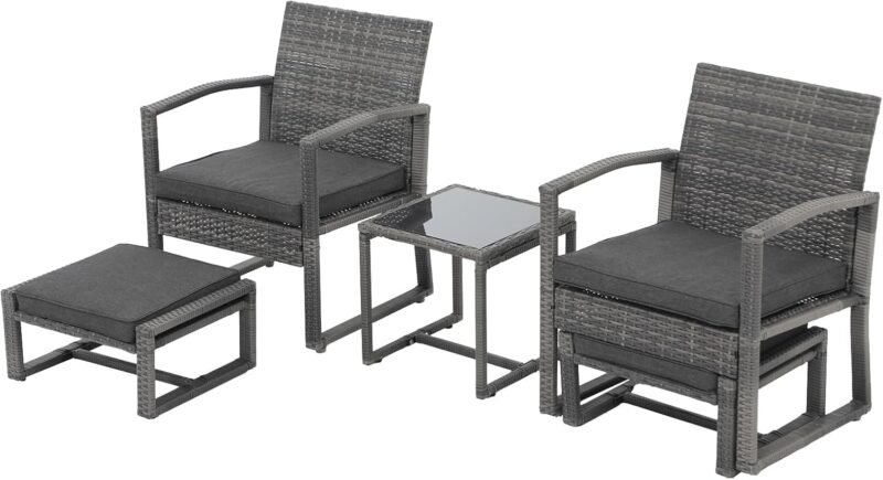 Patiorama 5 Piece Outdoor Patio Wicker Furniture Set, All Weather Grey PE Rattan Chair and Ottoman Footstool Set, W/Coffee Table, Cushions (Dark Grey) for Garden, Balcony, Porch, Space Saving Design - Imagen 2