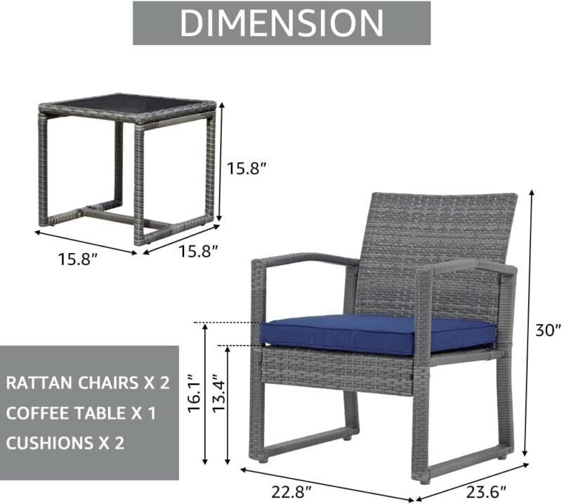 Patiorama 3 Pieces Outdoor Patio Furniture Set, Outdoor Wicker Conversation Set, Patio Rattan Chair Set, Modern Bistro Set with Coffee Table, Garden Balcony Backyard Poolside (Navy Blue) - Imagen 4