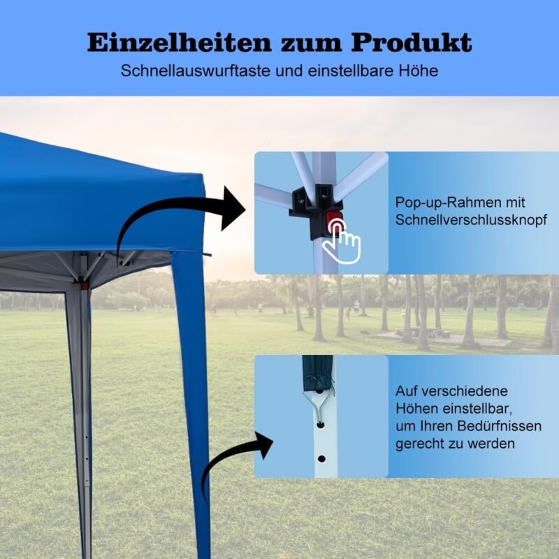 Mingone Carpa Plegable de 3x3 m para Acampar Pabellón de Jardín Protección UV Cenador Regulable en Altura para Exteriores, Fabricado en Tela Oxford, Azul con Bolsa - Imagen 3