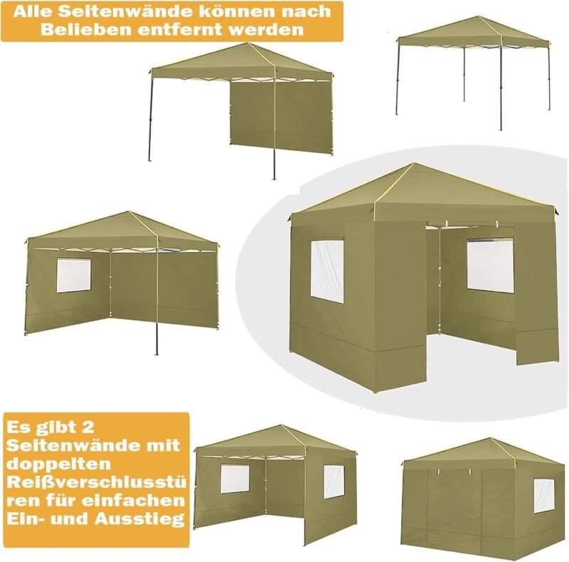COBIZI Cenador Plegable 3 x 3, Resistente al Agua, 3 x 3 cm, Profesional, con 4 Paneles Laterales, Plegable, protección UV 50+, para Playa, Boda, Camping, Caqui - Imagen 2