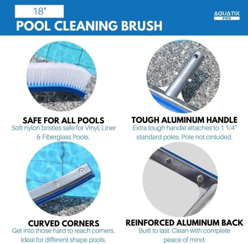 Cabezal de cepillo para piscina Premium, 45 cm, aluminio, cepillo de limpieza por Aquatix Pro con Clips EZ, para paredes, azulejos y suelos, diseño elegante y cerdas resistentes - Imagen 5
