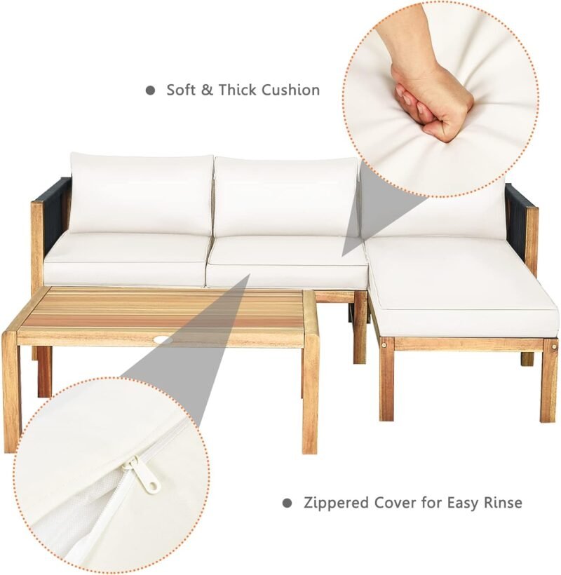 Tangkula L Shape Outdoor Furniture Set, 3 Piece Acacia Wood Patio Conversation Set, with 2 loveseats and Coffee Table, Garden Backyard Poolside Patio Seating Set (White) - Imagen 7