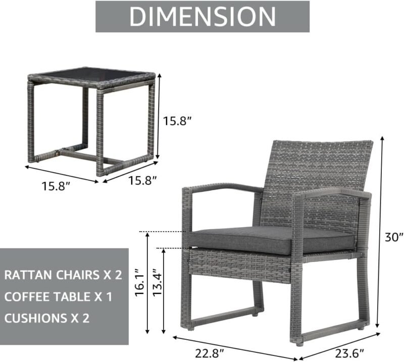 Patiorama 3 Piece Outdoor Patio Furniture Conversation Set, Rattan Chair Set With Coffee Table, For Garden, Balcony, Backyard, Poolside (Dark Grey) - Imagen 4