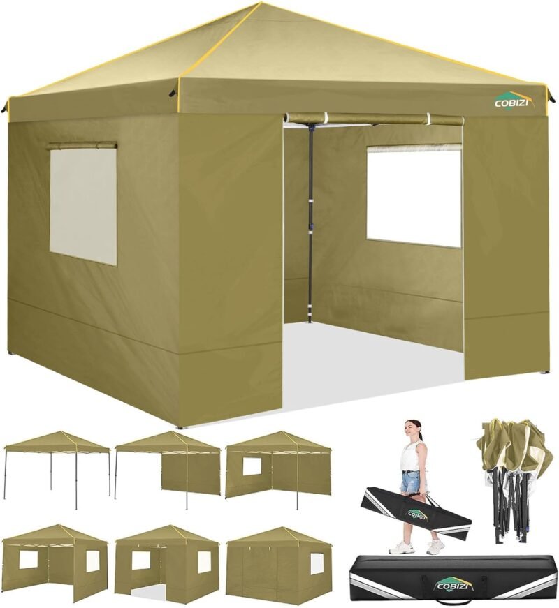 COBIZI Cenador Plegable 3 x 3, Resistente al Agua, 3 x 3 cm, Profesional, con 4 Paneles Laterales, Plegable, protección UV 50+, para Playa, Boda, Camping, Caqui