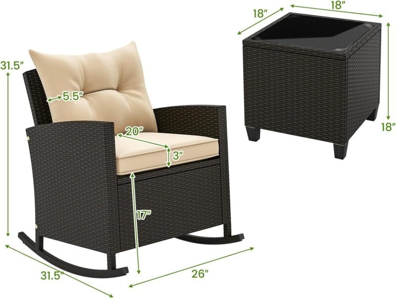 Tangkula 3 Piece Wicker Rocking Set, Patio Rattan Roker Chairs with Tempered Glass Table & Soft Cushions, Outdoor Furniture Set for Backyard, Poolside Porch (Beige) - Imagen 5