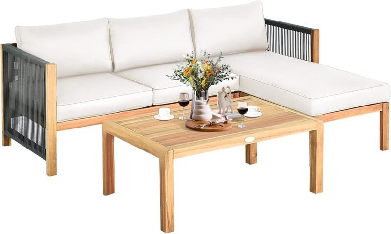 Tangkula L Shape Outdoor Furniture Set, 3 Piece Acacia Wood Patio Conversation Set, with 2 loveseats and Coffee Table, Garden Backyard Poolside Patio Seating Set (White)