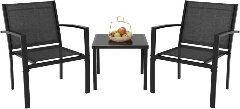 Greesum 3 Pieces Patio Furniture Set Outdoor Conversation Textilene Fabric Chairs for Lawn, Garden, Balcony, Poolside with A Glass Coffee Table, Black - Imagen 3
