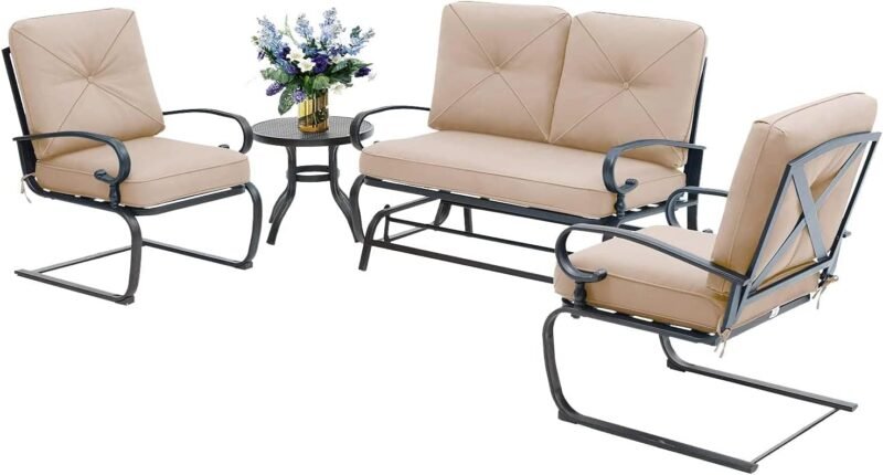 Incbruce 4Pcs Outdoor Metal Furniture Patio Conversation Sets (Glider, Bistro Table, 2 Spring Lounge Chairs) - Wrought Iron Outdoor Glider Chairs Sets (Brown)