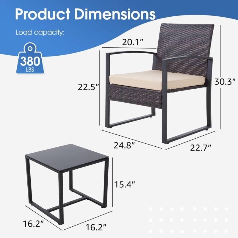 HYDRAGARDEN 3PCS Patio Furniture Set, Outdoor Wicker Bistro Conversation Set with Padded Cushions & Glass Table, Garden Rattan Chair Set for Porch Balcony Backyard (Plus Brown Wicker & Brown Cushions) - Imagen 3