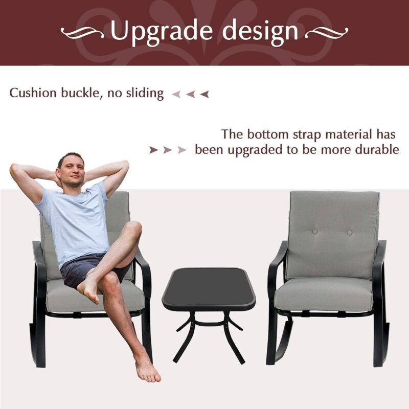 Betterland Outdoor 3-Piece Rocking Chairs Patio Bistro Sets, Glass-Top Coffee Table & Black Metal ​Patio Furniture with Thickened Cushions (Grey) - Imagen 4
