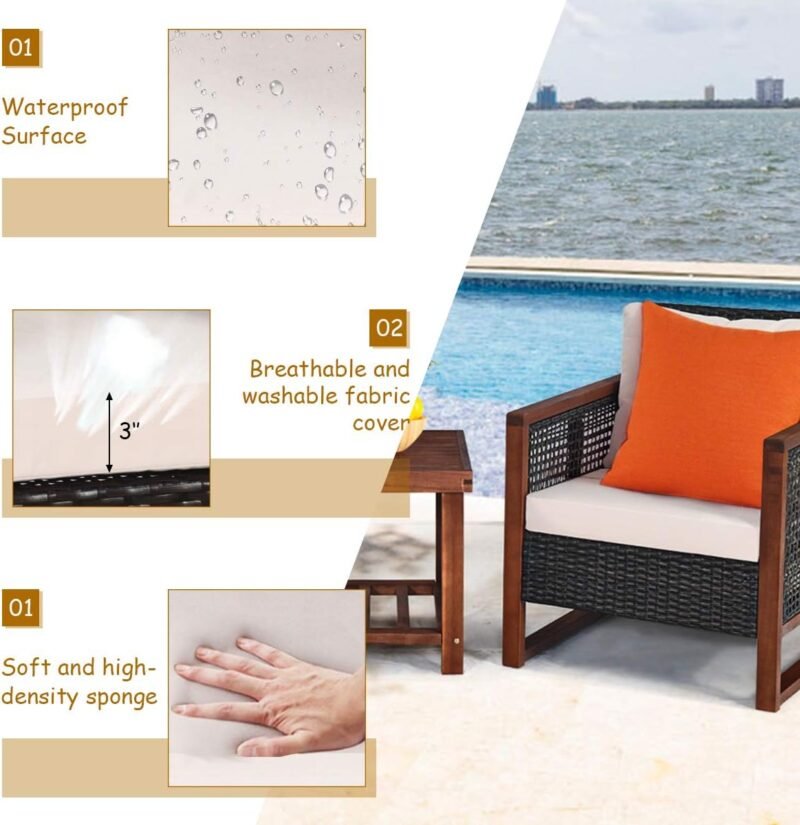 Tangkula 3 Pieces Patio Wicker Furniture Set, Rattan Outdoor Sofa Set w/Washable Cushion & Acacia Wood Coffee Table, Conversation Bistro Set for Garden Balcony Backyard (Beige) - Imagen 9