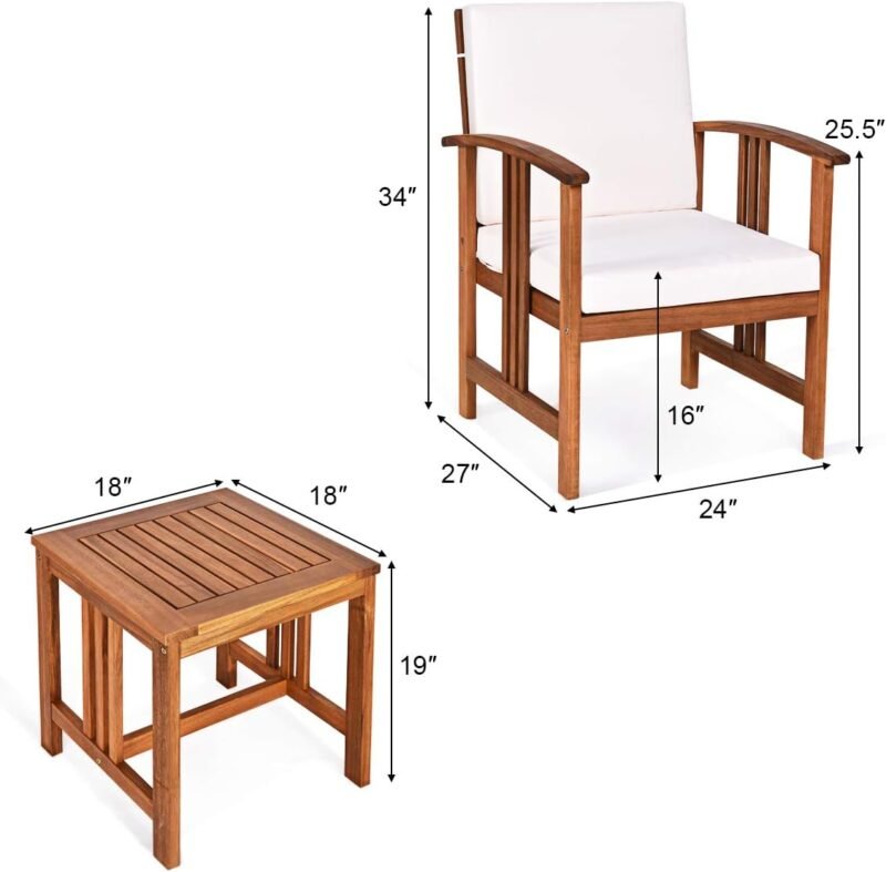 Tangkula 3 Pieces Patio Furniture Set, Includes Set of 2 Outdoor Acacia Wood Cushioned Chairs and Coffee Table, for Garden, Backyard, Poolside, Bistro and Deck, Patio Conversation Chat Set (White) - Imagen 5