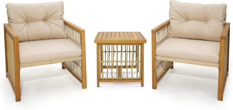 Tangkula 3 Pieces Acacia Wood Patio Furniture Set, PE Wicker Bistro Set with Cushioned Chairs and Coffee Table, Outdoor Conversation Set for Porch, Deck, Balcony, Backyard (Beige) - Imagen 9