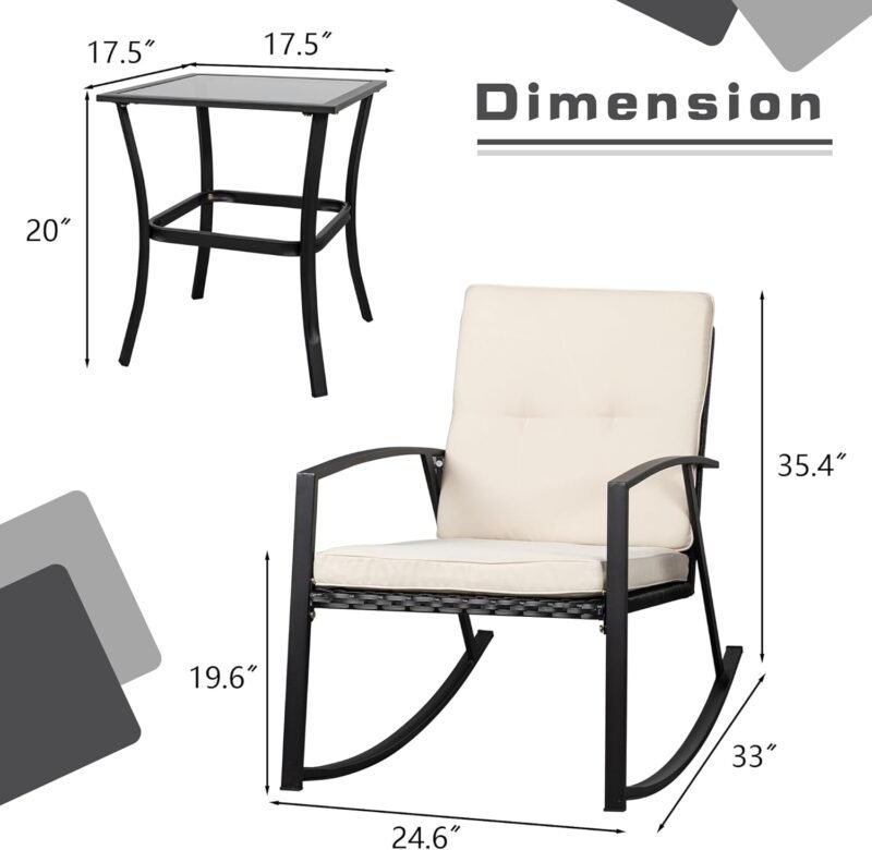 Shintenchi 3 Pieces Rocking Bistro Set Wicker Patio Outdoor Furniture, 2 Rattan Porch Chairs Conversation Sets with Glass Coffee Table (Beige) - Imagen 5