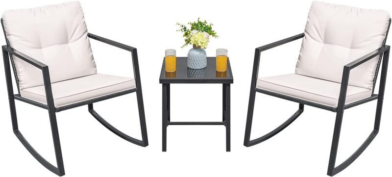 Greesum 3 Pieces Rocking Wicker Bistro Set, Patio Outdoor Furniture Conversation Sets with Porch Chairs and Glass Coffee Table, Beige - Imagen 3