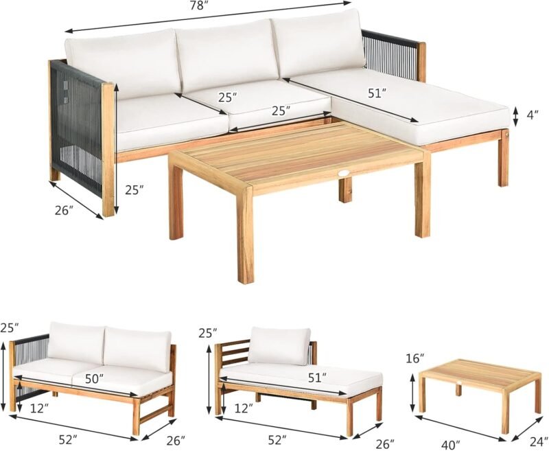 Tangkula L Shape Outdoor Furniture Set, 3 Piece Acacia Wood Patio Conversation Set, with 2 loveseats and Coffee Table, Garden Backyard Poolside Patio Seating Set (White) - Imagen 4