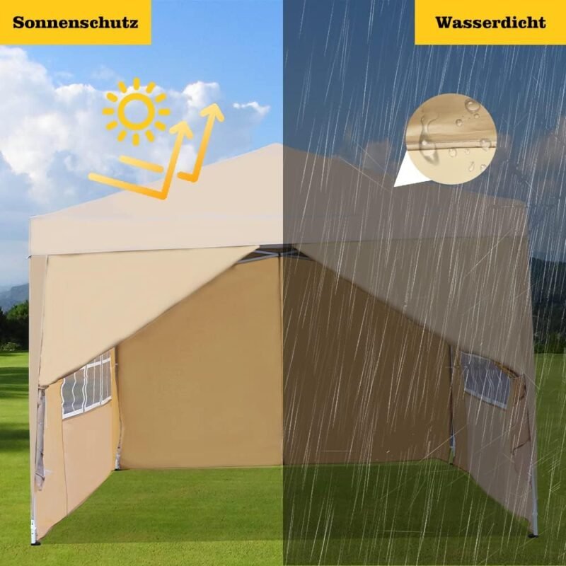 Mingone Carpa Plegable de 3x3 m para Acampar Pabellón de Jardín con 4 Paredes Laterales Protección UV Cenador Regulable en Altura para Exteriores, Fabricado en Tela Oxford, Beige con Bolsa - Imagen 4