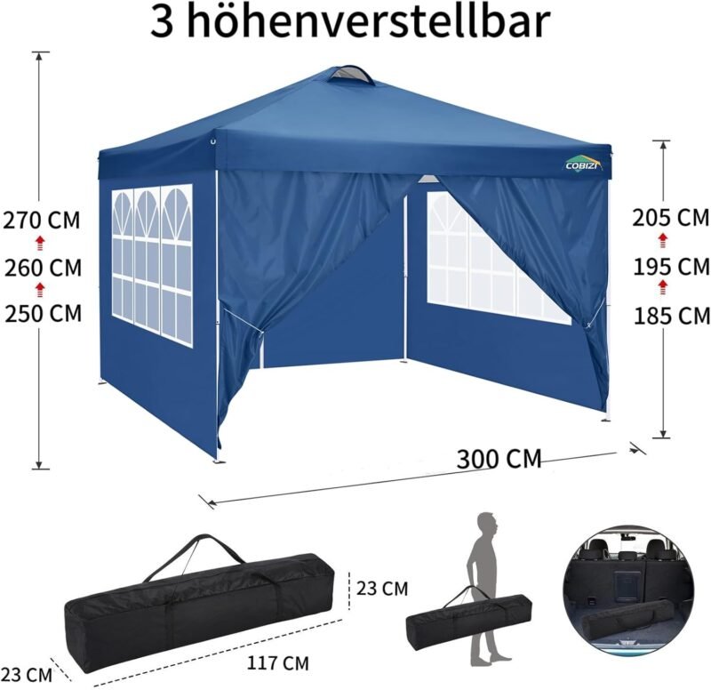 COBIZI 3x3 Pergolas de Jardín, Protección UV Carpas para Exteriores, Impermeable Cenadores para Jardin, Cubra con Respiraderos, con 4 Paredes y 4 Bolsas de Arena,para Camping, Fiestas, Azul - Imagen 5