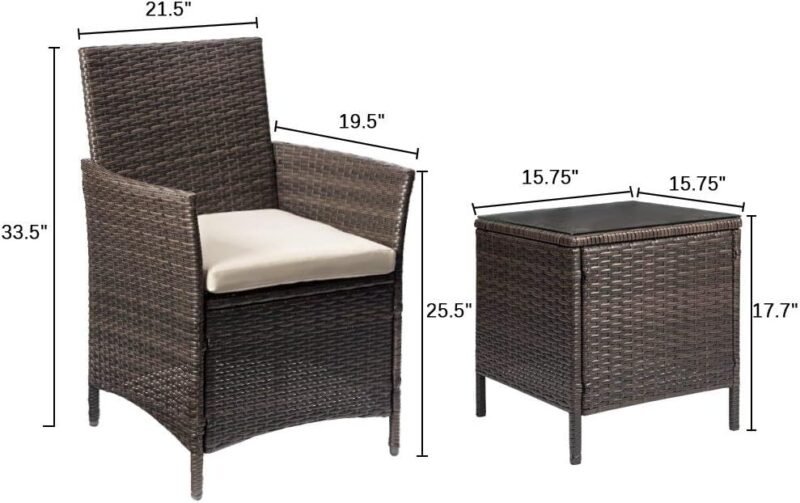 Devoko Patio Porch Furniture Sets 3 Pieces PE Rattan Wicker Chairs with Table Outdoor Garden Furniture Sets (Brown/Beige) - Imagen 7