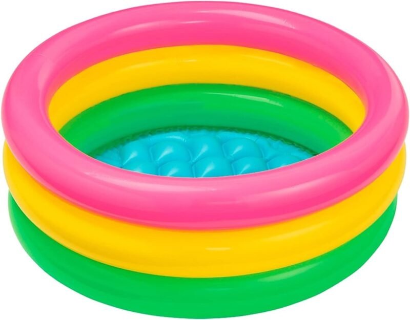 Intex 57107NP - Piscina Redonda hinchable 3 aros +base hinchable 61 x 22 cm, 28 l, Azul, rosa, verde, 1 a 3 años