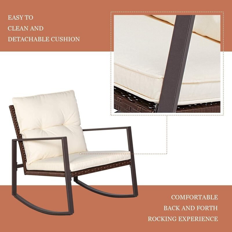 SUNCROWN 3-Piece Patio Bistro Set Outdoor Rocking Chairs Set Brown Wicker Porch Chairs with Glass Coffee Table, Beige Cushion - Imagen 4