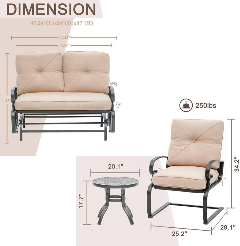 Incbruce 4Pcs Outdoor Metal Furniture Patio Conversation Sets (Glider, Bistro Table, 2 Spring Lounge Chairs) - Wrought Iron Outdoor Glider Chairs Sets (Brown) - Imagen 6