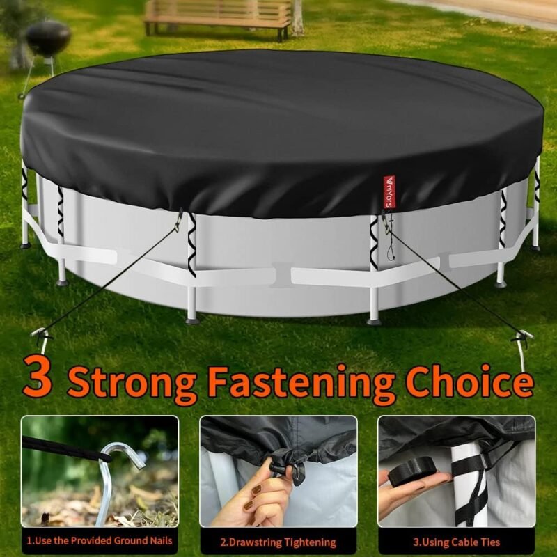 VniYors Cobertor Piscina 550,Tarea Pesada 210D Lona Piscina, Cubre Piscinas Redondas Resistente Al Agua, Al Polvo Y Al Desgarro con CordóN Y Clavos De Tierra（550cm）- Negro - Imagen 4
