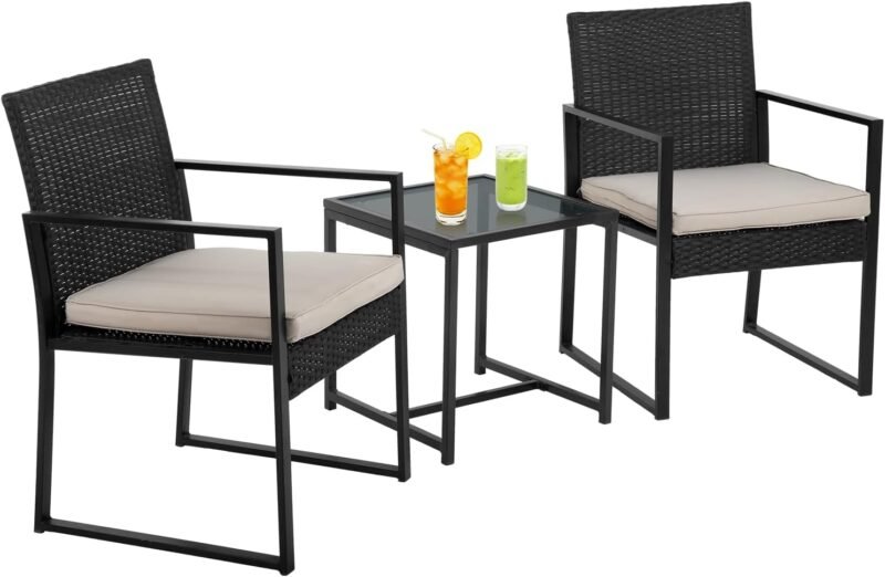 PayLessHere 3-Piece Rattan Wicker Bistro Set Outdoor Conversation Set Sturdy Frame Wicker Furniture with 2 Chairs Cushions Tempered Glass Table for Poolside Balcony Patio Bar Garden (Khaki)