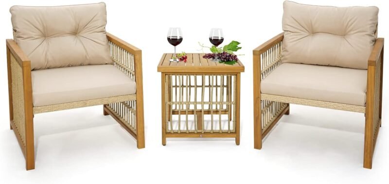 Tangkula 3 Pieces Acacia Wood Patio Furniture Set, PE Wicker Bistro Set with Cushioned Chairs and Coffee Table, Outdoor Conversation Set for Porch, Deck, Balcony, Backyard (Beige)