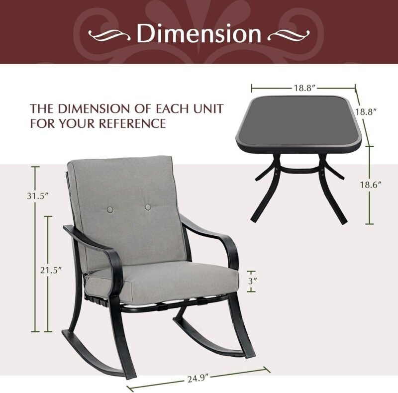 Betterland Outdoor 3-Piece Rocking Chairs Patio Bistro Sets, Glass-Top Coffee Table & Black Metal ​Patio Furniture with Thickened Cushions (Grey) - Imagen 7