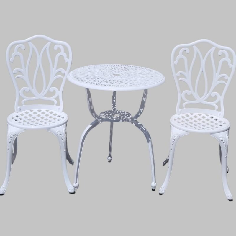 KAI LI Patio Bistro Sets 3 Piece cast Aluminum Patio Furniture Outdoor Garden Metal Rust Proof Tables and Chairs White bisrto Set (Big Tulip-White) - Imagen 4
