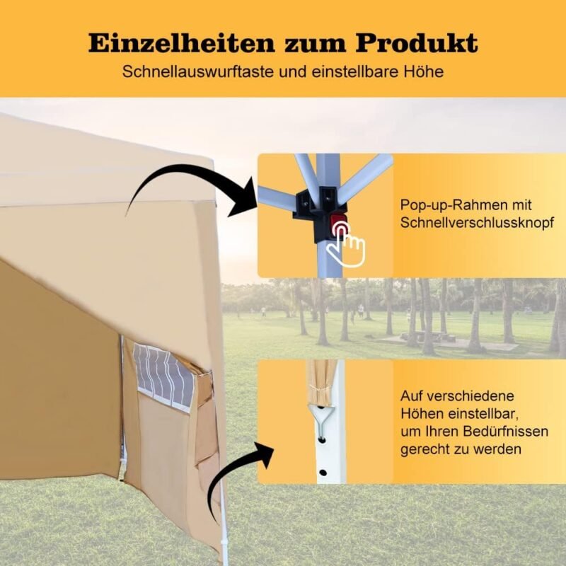Mingone Carpa Plegable de 3x3 m para Acampar Pabellón de Jardín con 4 Paredes Laterales Protección UV Cenador Regulable en Altura para Exteriores, Fabricado en Tela Oxford, Beige con Bolsa - Imagen 3