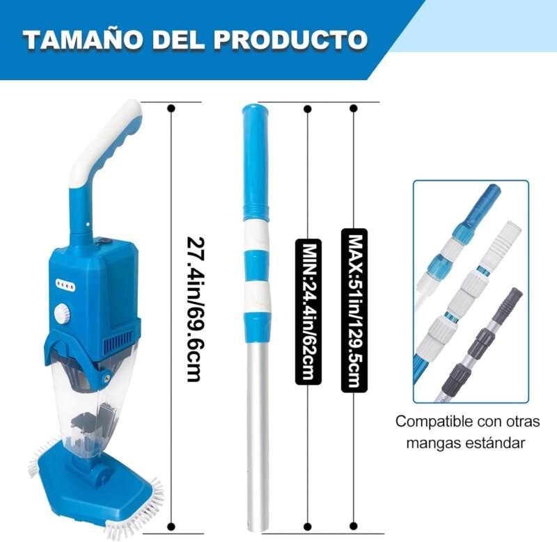 PoolyPoly Aspirador de Piscina Inalámbrica con Succión Fuerte, Limpiafondos Piscina a Bateria con Mango Telescópico, 1,5Litros de Filtro, Aspiradora Manual para Jacuzzi, SPA, Piscina, Azul - Imagen 3