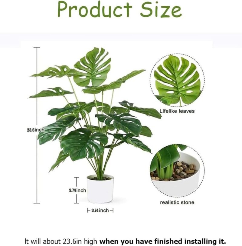 Laelfe Planta Artificial Monstera en Maceta, Planta Falsa Palmera Tropical para Interiores Exteriores Hogares, Oficinas, Jardines, Salas de Estar, Mesas, Escritorios (23,6in) - Imagen 3