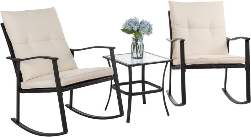 Shintenchi Outdoor 3-Piece Rocking Bistro Set,Wicker Patio Furniture Porch Chairs Conversation Sets with Glass Coffee (Beige Cushion) - Imagen 7