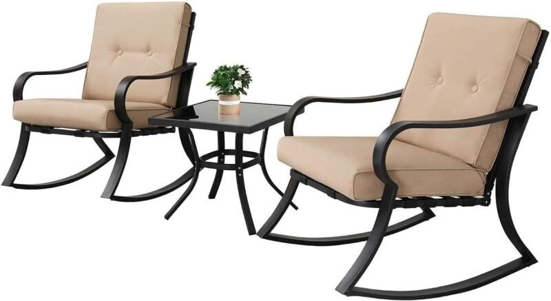 Oakmont Outdoor Furniture 3 Piece Conversation Bistro Set Rocking Chairs and Glass Top Table, Thick Cushions, Black Steel (Brown)