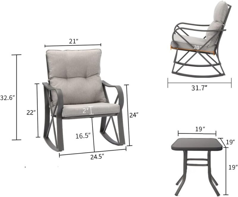 COSIEST 3 Piece Bistro Set Patio Rocking Chairs Outdoor Furniture w Warm Gray Cushions, Glass-Top Table for Garden, Pool, Backyard - Imagen 6
