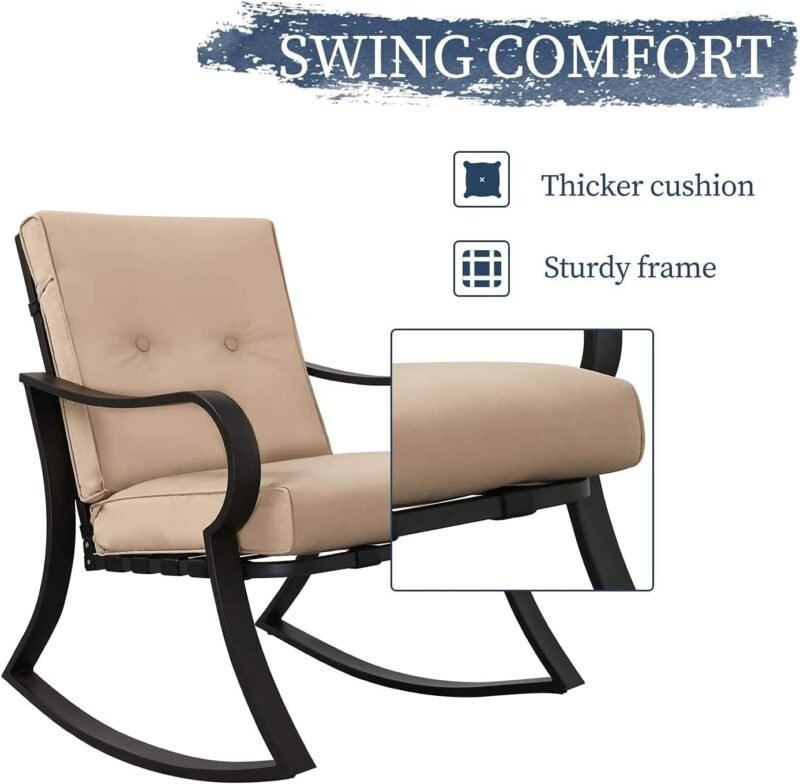 Oakmont Outdoor Furniture 3 Piece Conversation Bistro Set Rocking Chairs and Glass Top Table, Thick Cushions, Black Steel (Brown) - Imagen 4