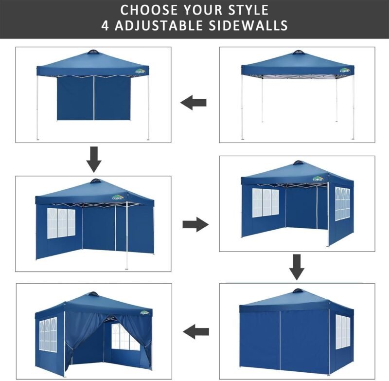 COBIZI 3x3 Pergolas de Jardín, Protección UV Carpas para Exteriores, Impermeable Cenadores para Jardin, Cubra con Respiraderos, con 4 Paredes y 4 Bolsas de Arena,para Camping, Fiestas, Azul - Imagen 4