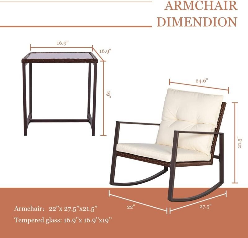 SUNCROWN 3-Piece Patio Bistro Set Outdoor Rocking Chairs Set Brown Wicker Porch Chairs with Glass Coffee Table, Beige Cushion - Imagen 6
