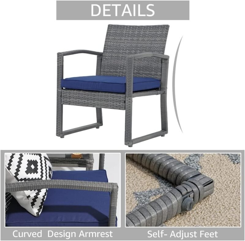 Patiorama 3 Pieces Outdoor Patio Furniture Set, Outdoor Wicker Conversation Set, Patio Rattan Chair Set, Modern Bistro Set with Coffee Table, Garden Balcony Backyard Poolside (Navy Blue) - Imagen 6