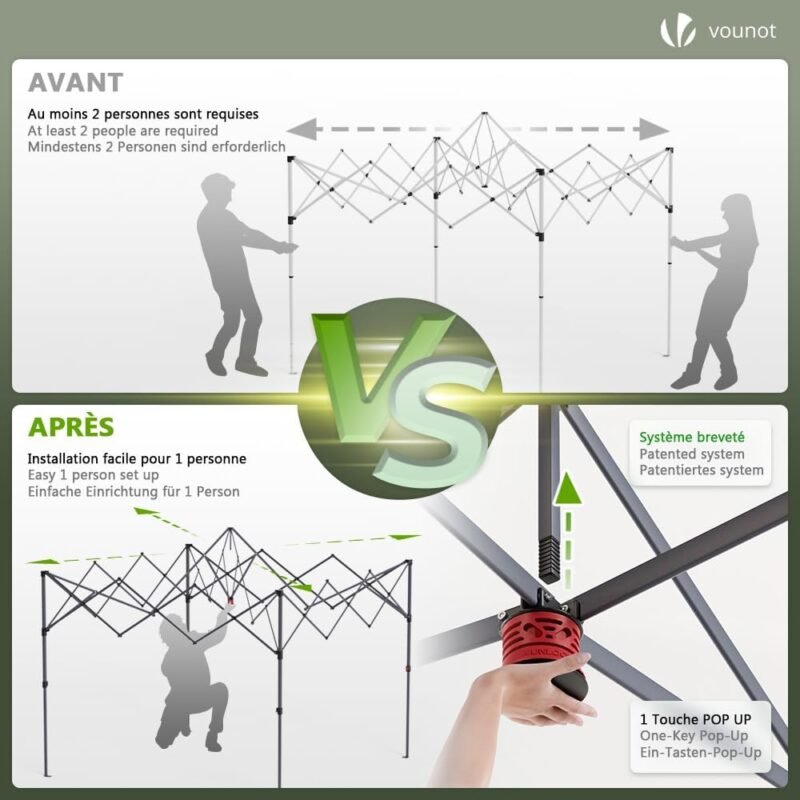 VOUNOT Carpa Plegable Gazebo 3x3m Botón Central, Cenador Pabellón de Jardín con Paredes Laterales, Sacos Arena y Bolsa de Transporte, Pérgola Tienda Protección UV para Camping Fiestas Exterior, Verde - Imagen 3